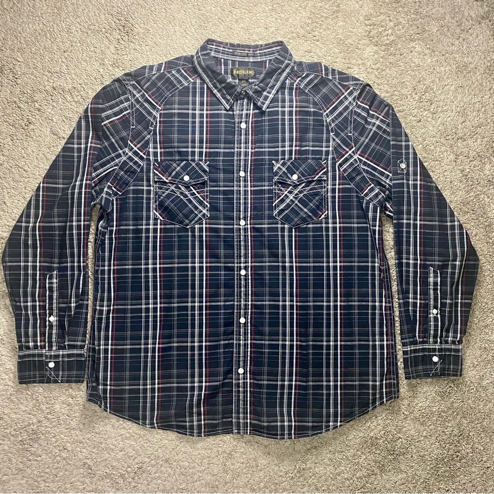 Helix Button Up Shirt Mens Size XXL Black Plaid Pearl Snap Athletic Fit Western